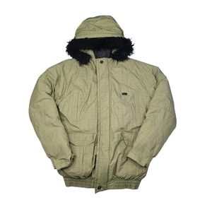 Vtg DC Jacket Puffer Mens Large Green Plaid Check Snowboard Ski Faux Fur Hood